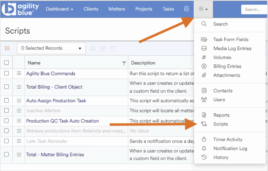 Dashboard view showing scripts with highlighted search and task options for user navigation.